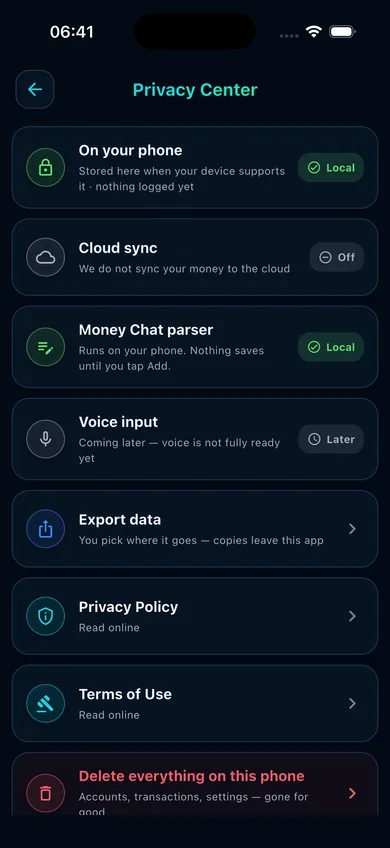 Privacy Center screen