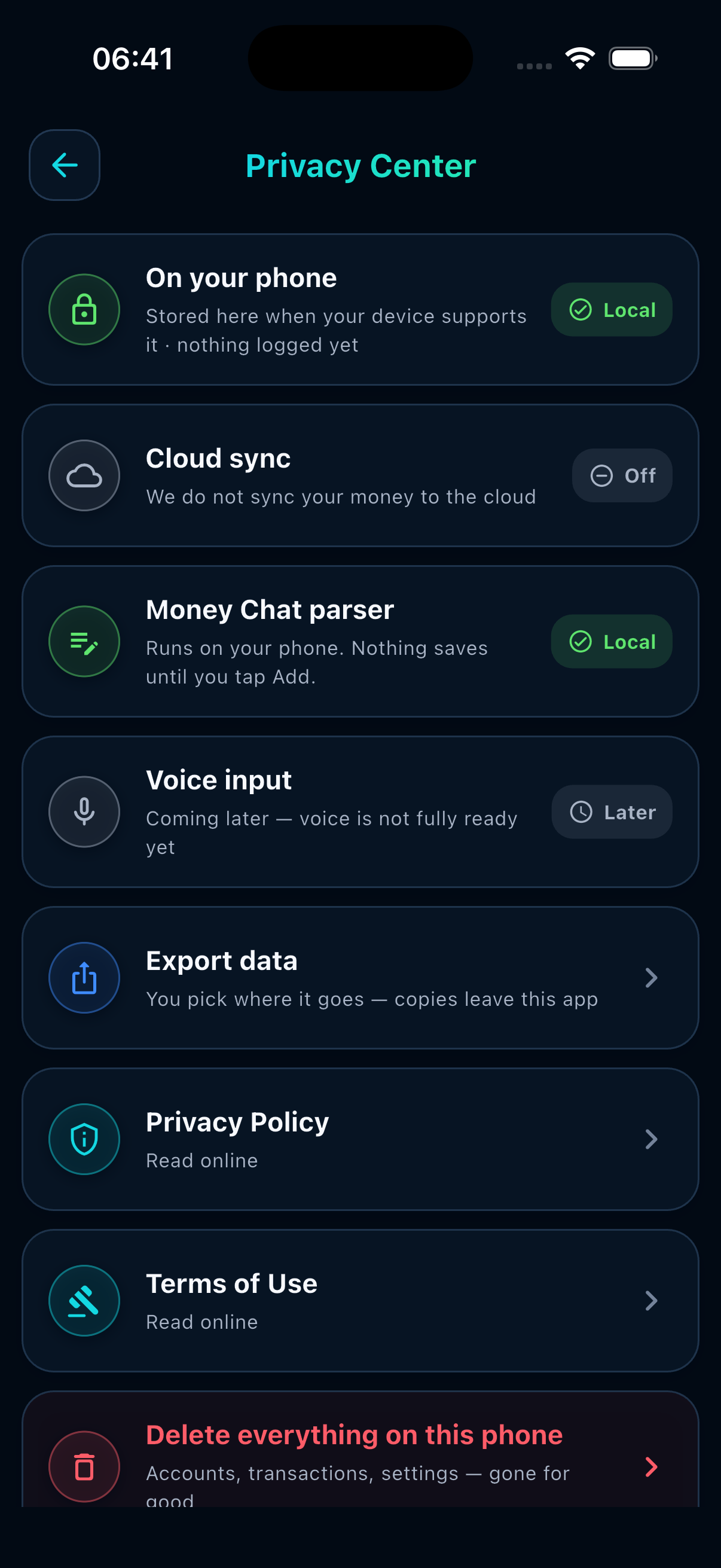 Privacy Center screen